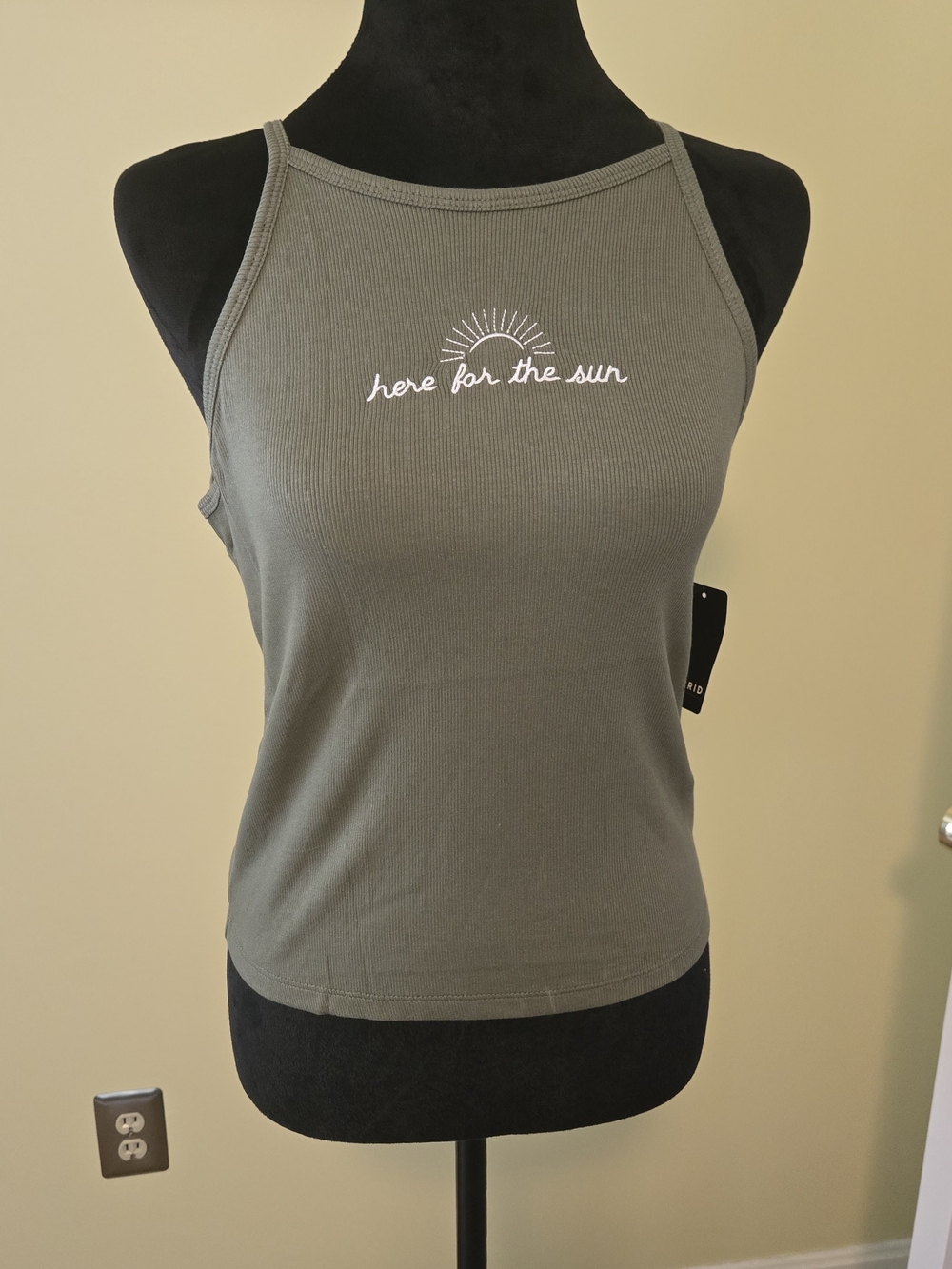 torrid Olive Green Ribbed High Neck Tank with White Sun Graphic